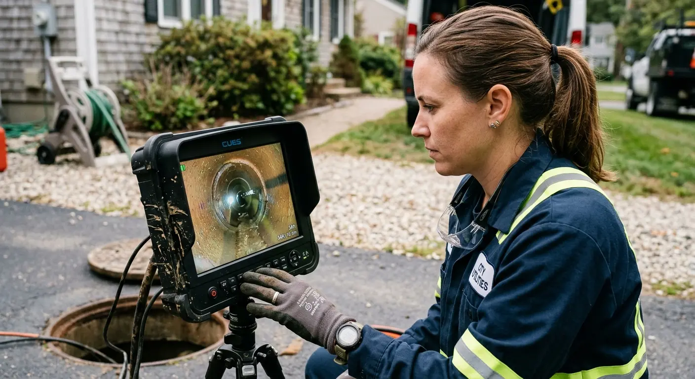 Technician reviewing sewer camera inspection footage in Valley Center
