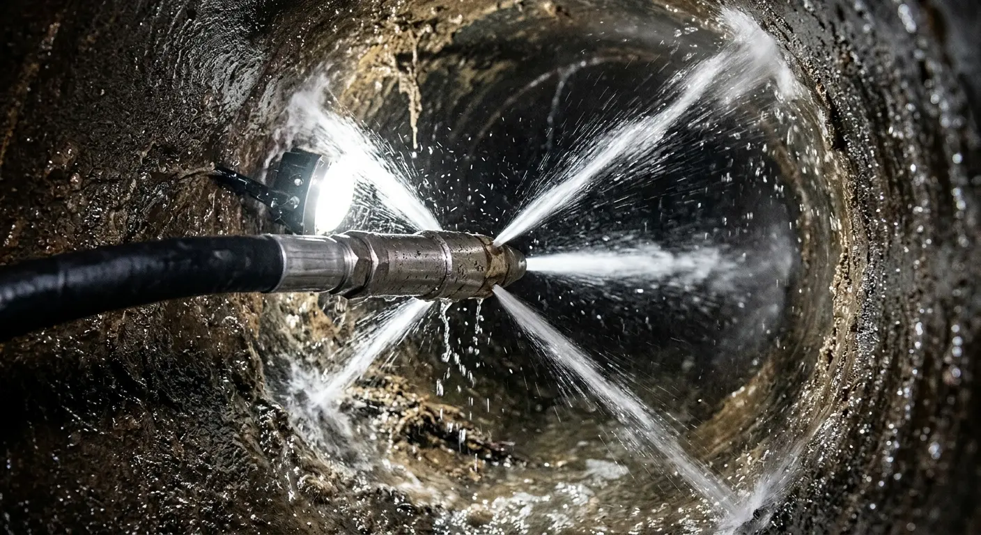High-pressure hydro jetting nozzle cleaning sewer pipe for Emergency Drain Service in Valley Center