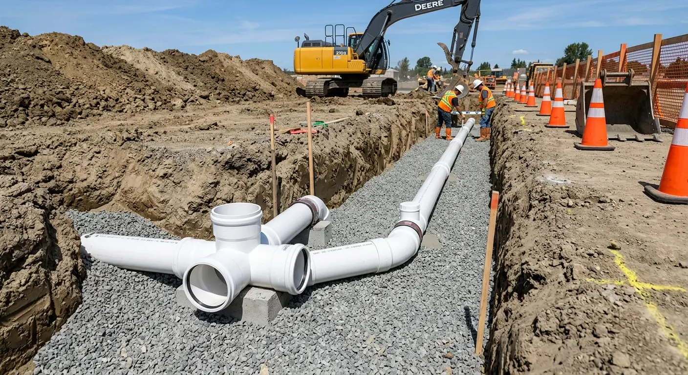 New PVC sewer pipe installation in open trench for Sewer Backup in Valley Center