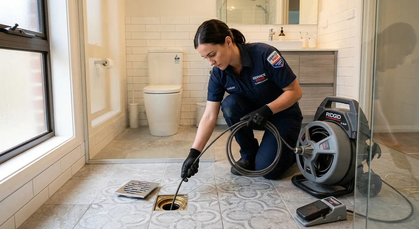 Technician clearing a bathroom floor drain for Drain Repair in Valley Center